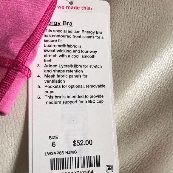 NWT HJMG PINK LULULEMON ENERGY BRA - - Size 4 - Picture 4 of 8